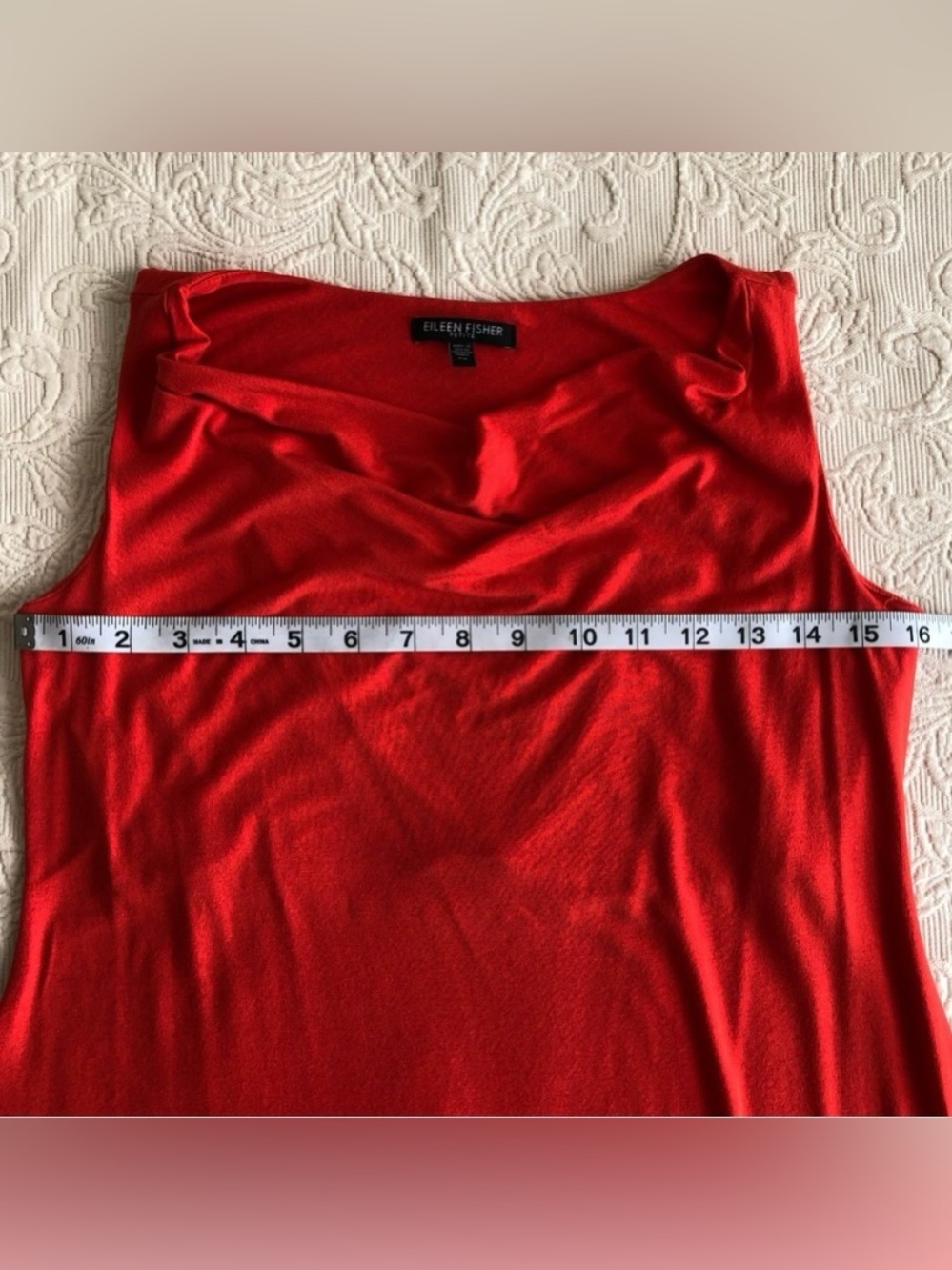 Eileen Fisher Red-Orange Cowl Neck Sleeveless Knee Length Petite Jersey Dress - Picture 5 of 6